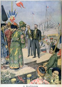 Ankomst til Saigon av Paul Beau (1857-1927), generalguvernør i Indo-Kina 1902-07, fra 'Le Petit Journal', november 1902 (fargegravering)